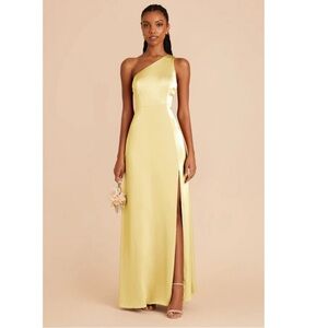 Birdy Grey Kira One Shoulder Slit Matte Satin Maxi Dress Bridesmaid Yellow Large